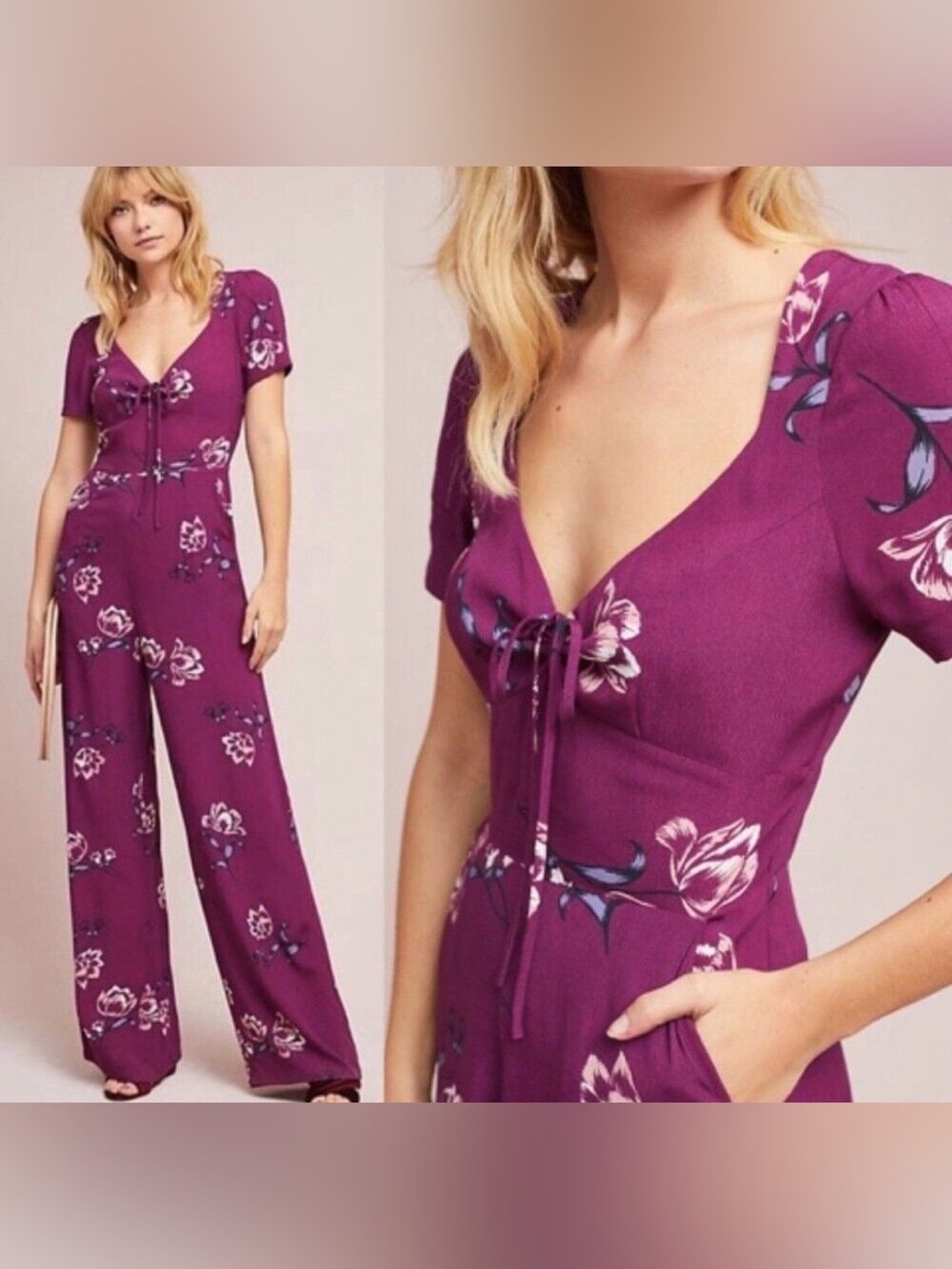 Nwot Yumi Kim Anthropologie
Floral Purple Short Sleeve
Pockets Jumpsuit Xs